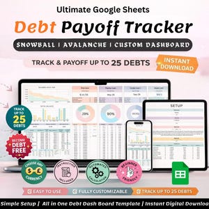 May include: An advertisement for a digital debt payoff tracker in Google Sheets. The image shows a laptop, tablet, and smartphone displaying the tracker's interface. Text includes "Debt Payoff Tracker," "Track & Payoff up to 25 Debts," and "Instant Download."