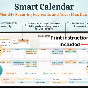 May include: A digital smart calendar displayed on a tablet screen. The calendar is designed to track monthly recurring payments and due dates. Features include color-coded legends, note sections, and multi-year functionality. The text "Print instruction included" is visible.