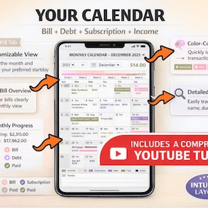 May include: A smartphone screen displays a monthly calendar interface for managing bills, debt, subscriptions, and income. The app features color-coded categories, detailed transaction info, and a customizable view. The image includes a YouTube tutorial.