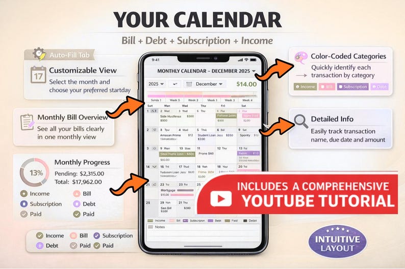 May include: A smartphone screen displays a monthly calendar interface for managing bills, debt, subscriptions, and income. The app features color-coded categories, detailed transaction info, and a customizable view. The image includes a YouTube tutorial.