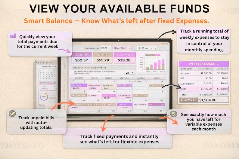 May include: A digital financial dashboard with the text "VIEW YOUR AVAILABLE FUNDS" and "Smart Balance." The interface displays financial data, including payments due, weekly expenses, and account balances. The design uses a light color scheme with purple accents.