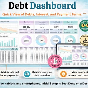 May include: A digital debt dashboard displayed on a laptop, tablet, and smartphone. The interface shows debt overview, balance over time, and payment details. Includes charts, graphs, and the text "Debt Dashboard".