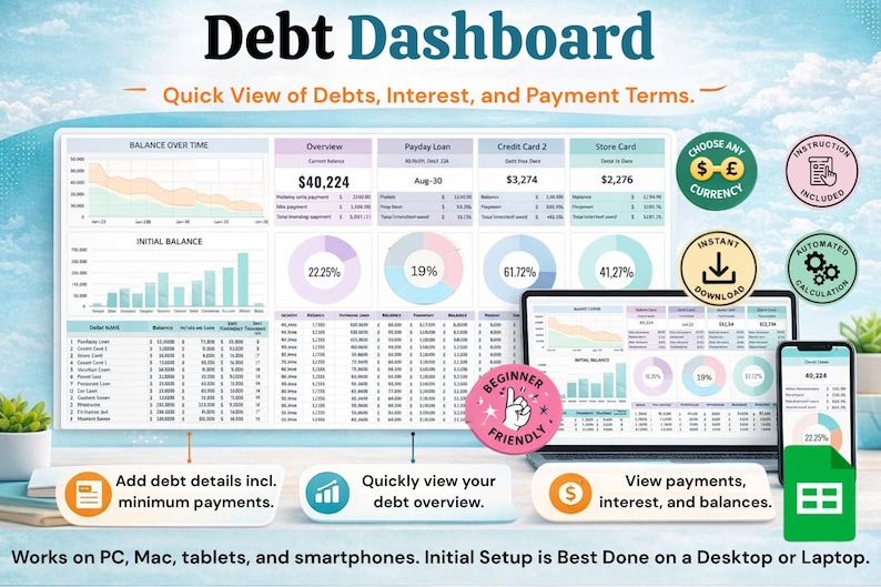 May include: A digital debt dashboard displayed on a laptop, tablet, and smartphone. The interface shows debt overview, balance over time, and payment details. Includes charts, graphs, and the text "Debt Dashboard".
