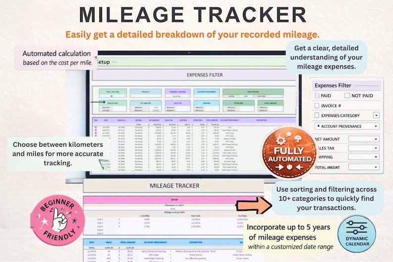 May include: A computer screen displaying a mileage tracker spreadsheet. The interface includes expense filters, automated calculations, and options for kilometers or miles. The text reads "MILEAGE TRACKER" and "FULLY AUTOMATED".