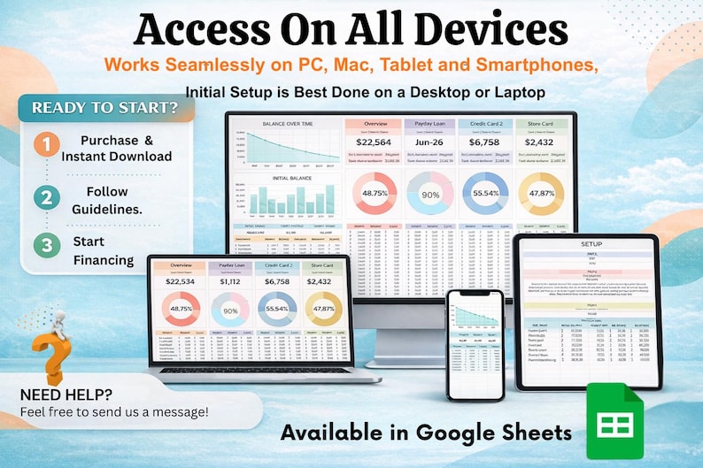 May include: Image showing a financial dashboard on a desktop computer, laptop, tablet, and smartphone. Text reads "Access On All Devices" and "Available in Google Sheets." The image also includes a "Ready to Start?" section with steps.