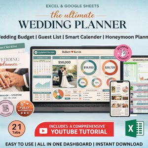 Può includere: Un wedding planner digitale visualizzato su un laptop, un telefono e una guida stampata. Il planner include strumenti per il budget, la lista degli invitati e la pianificazione della luna di miele. L'immagine presenta il testo "WEDDING PLANNER".