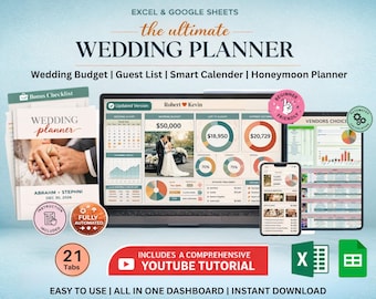 Hoja de cálculo para planificar bodas para novias / Seguimiento del presupuesto, la lista de invitados y el cronograma de la boda / Plantilla de organizador de bodas para Google Sheets y Excel