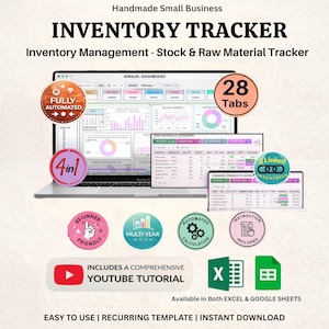 Op de afbeelding: Een laptopscherm toont een inventarisatietracker met de tekst "Inventory Tracker" en "Inventory Management". De afbeelding bevat pictogrammen voor automatisering, tutorials en gebruiksvriendelijkheid voor beginners. Beschikbaar in Excel en Google Sheets.