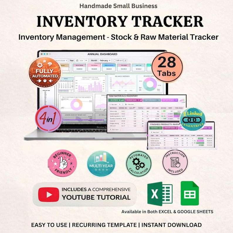 May include: A laptop screen displays an inventory tracker with the text "Inventory Tracker" and "Inventory Management." The image includes icons for automation, tutorials, and beginner-friendly use. The product is available in Excel and Google Sheets.