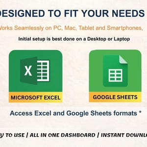 May include: Image promoting compatibility with Microsoft Excel and Google Sheets. The text reads "DESIGNED TO FIT YOUR NEEDS" and "Works Seamlessly on PC, Mac, Tablet and Smartphones." Includes the phrases "EASY TO USE / ALL IN ONE DASHBOARD / INSTANT DOWNLOAD."