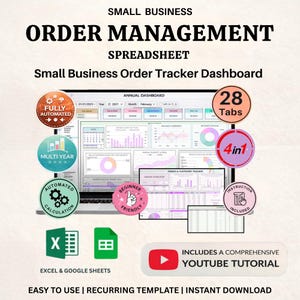 Pode incluir: Uma folha de cálculo digital para gestão de pedidos de pequenas empresas. A imagem mostra um ecrã de laptop exibindo um painel com gráficos. Inclui 28 abas, cálculos automatizados e um design para iniciantes.