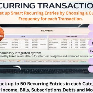 May include: A laptop screen displays a financial planning interface with the title "RECURRING TRANSACTIONS." The interface allows users to set up recurring entries for income, bills, and subscriptions. The interface is "FULLY AUTOMATED" and "BEGINNER FRIENDLY."