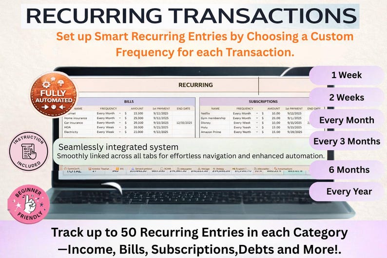 May include: A laptop screen displays a financial planning interface with the title "RECURRING TRANSACTIONS." The interface allows users to set up recurring entries for income, bills, and subscriptions. The interface is "FULLY AUTOMATED" and "BEGINNER FRIENDLY."