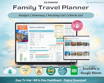 Planificador de viajes familiares para Google Sheets / Itinerario de vacaciones y seguimiento del presupuesto para familias / Organizador de viajes / Hoja de cálculo para planificar vacaciones
