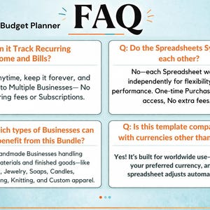 May include: An infographic for an annual budget planner, featuring the title "FAQ" and four questions with answers. The questions address recurring income tracking, spreadsheet syncing, business types, and currency compatibility. The background is light blue.