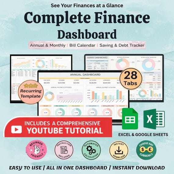 Finance Dashboard Spreadsheet Google Sheets | Net Worth Tracker | Annual Budget Spreadsheet | Budget Dashboard | Financial Overview Planner