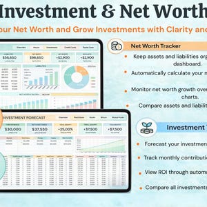 May include: A digital financial dashboard displays net worth and investment tracking features. The interface includes charts and data tables for assets, liabilities, and investment forecasts. The text highlights features like net worth tracking and investment growth.