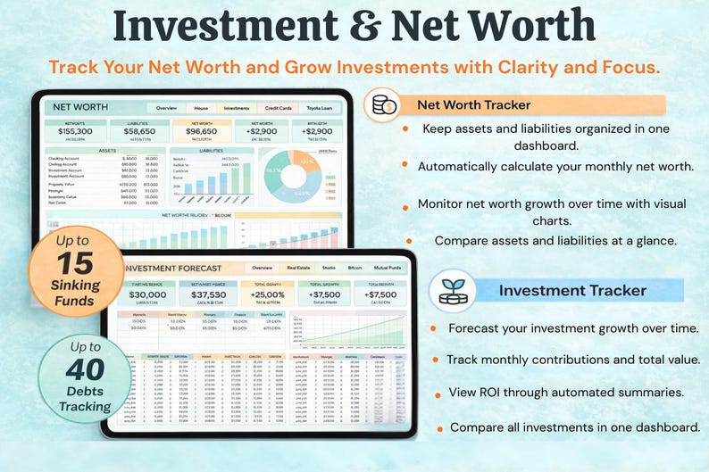 May include: A digital financial dashboard displays net worth and investment tracking features. The interface includes charts and data tables for assets, liabilities, and investment forecasts. The text highlights features like net worth tracking and investment growth.