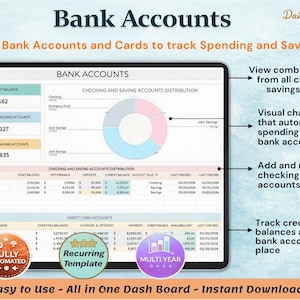 May include: A digital dashboard on a tablet displays bank account information, including checking and savings balances, with charts and graphs. The interface includes the text "Bank Accounts" and "Easy to Use - All in One Dash Board - Instant Downloads."
