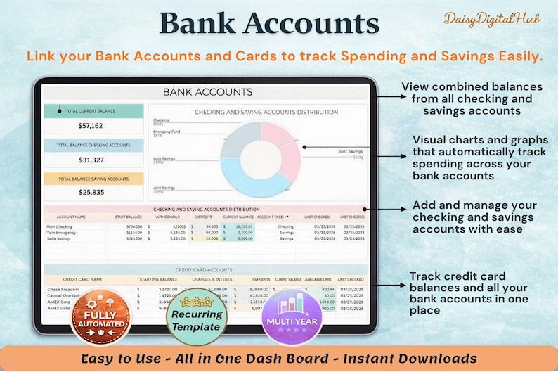 May include: A digital dashboard on a tablet displays bank account information, including checking and savings balances, with charts and graphs. The interface includes the text "Bank Accounts" and "Easy to Use - All in One Dash Board - Instant Downloads."