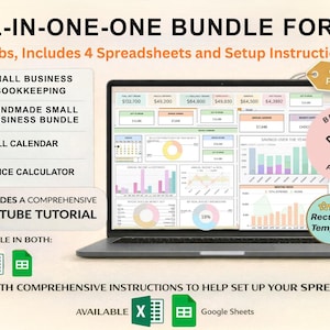 May include: A laptop displaying a spreadsheet with charts and graphs. The screen shows financial data and is labeled "ALL-IN-ONE-ONE BUNDLE FOR YOU". Includes 28 tabs, 4 spreadsheets, and setup instructions. Includes a YouTube tutorial.