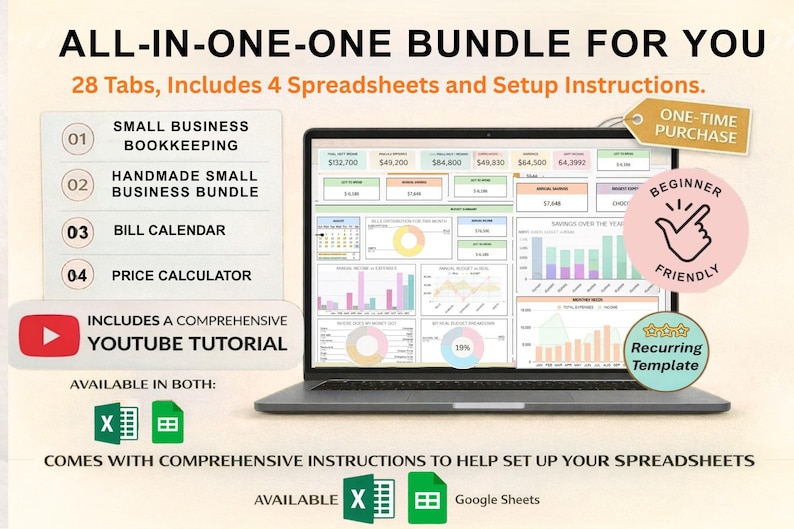 May include: A laptop displaying a spreadsheet with charts and graphs. The screen shows financial data and is labeled "ALL-IN-ONE-ONE BUNDLE FOR YOU". Includes 28 tabs, 4 spreadsheets, and setup instructions. Includes a YouTube tutorial.