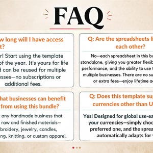 May include: A beige graphic with the title "FAQ" and four questions and answers about a business template. The questions cover access duration, spreadsheet linking, business suitability, and currency support. The answers are in a white box.
