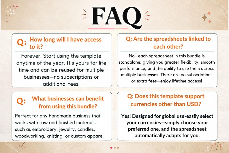 May include: A beige graphic with the title "FAQ" and four questions and answers about a business template. The questions cover access duration, spreadsheet linking, business suitability, and currency support. The answers are in a white box.