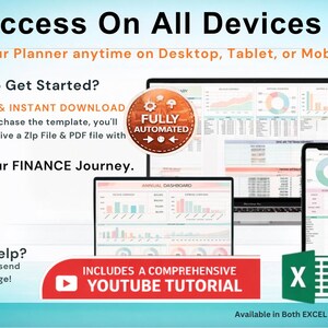 May include: Image promoting a finance planner, accessible on all devices. The graphic includes a laptop, tablet, and smartphone displaying financial data. Text highlights instant download, automation, and a YouTube tutorial. Excel and Google Sheets compatible.
