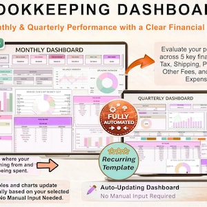 May include: A digital bookkeeping dashboard with monthly and quarterly performance tracking. The screen displays financial data with charts and tables, including income, expenses, and profit & loss. Features include auto-fill, recurring templates, and auto-updating dashboards.