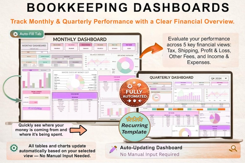 May include: A digital bookkeeping dashboard with monthly and quarterly performance tracking. The screen displays financial data with charts and tables, including income, expenses, and profit & loss. Features include auto-fill, recurring templates, and auto-updating dashboards.
