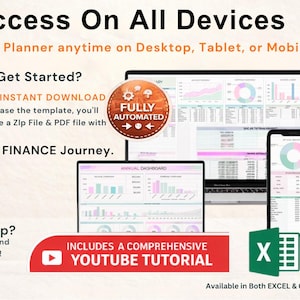 May include: Image showcasing a financial planner accessible on various devices: a laptop, tablet, and smartphone. The image includes the text "Access On All Devices" and "Begin Your FINANCE Journey." It also highlights "Fully Automated" features and a YouTube tutorial.