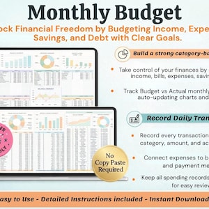 May include: A digital product advertisement for a monthly budget planner. The image shows two laptops displaying financial charts and graphs. Text includes "Monthly Budget", "Unlock Financial Freedom", and "Beginner Friendly". Features include automated tracking and instant downloads.