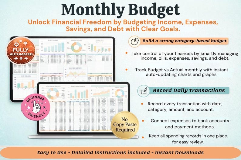 May include: A digital product advertisement for a monthly budget planner. The image shows two laptops displaying financial charts and graphs. Text includes "Monthly Budget", "Unlock Financial Freedom", and "Beginner Friendly". Features include automated tracking and instant downloads.