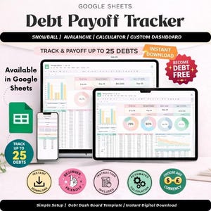 May include: A digital debt payoff tracker template for Google Sheets. The image shows a computer, tablet, and phone displaying the tracker. Text includes "Debt Payoff Tracker", "Track & Payoff Up To 25 Debts", and "Instant Download".