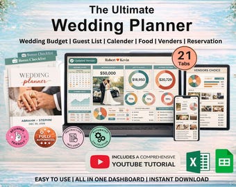Planificador de bodas / Lista de verificación y confirmación de asistencia / Cronograma y lista de invitados / Seguimiento del presupuesto de la boda / Organizador de bodas / Itinerario de la boda