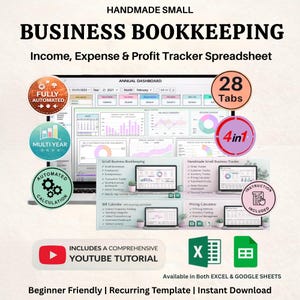 May include: A digital spreadsheet for small business bookkeeping, income, expense, and profit tracking. Features include automated calculations, multi-year tracking, and a comprehensive YouTube tutorial. Available in Excel and Google Sheets.