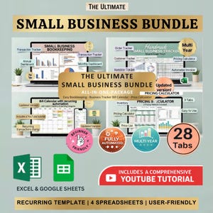 May include: A promotional image for a small business bundle. The image features the text "THE ULTIMATE SMALL BUSINESS BUNDLE" with various spreadsheets, trackers, and a YouTube tutorial. The bundle includes Excel and Google Sheets templates.