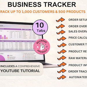 May include: A laptop screen displays a business tracker interface with charts and data. The image includes the text "BUSINESS TRACKER" and "TRACK UP TO 1,000 CUSTOMERS & 500 PRODUCTS." Additional text includes "INSTRUCTION INCLUDED" and "BEGINNER FRIENDLY."