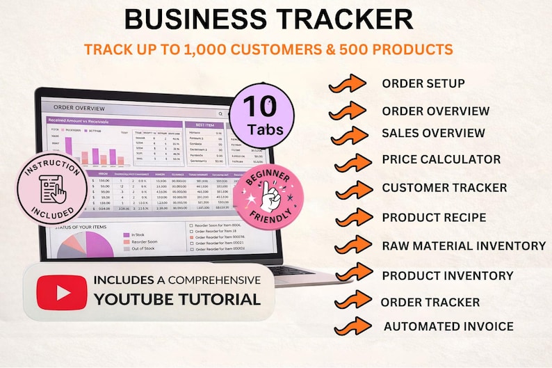 May include: A laptop screen displays a business tracker interface with charts and data. The image includes the text "BUSINESS TRACKER" and "TRACK UP TO 1,000 CUSTOMERS & 500 PRODUCTS." Additional text includes "INSTRUCTION INCLUDED" and "BEGINNER FRIENDLY."