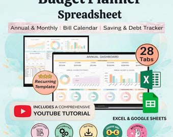 Hoja de cálculo para planificar el presupuesto anual / Planificador financiero anual en Google Sheets / Seguimiento de objetivos financieros / Panel de control de ingresos y gastos / Planificador de finanzas