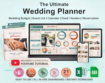 Planificador de presupuesto para bodas / Lista de invitados y seguimiento de confirmaciones de asistencia / Planificador de bodas en Google Sheets / Registro de gastos de boda para parejas