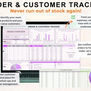 May include: A laptop screen displaying an "Order & Customer Tracker" dashboard. The interface includes charts, tables, and the text "Never run out of stock again!" The screen shows order overviews, customer details, and profit tracking. The image also includes the text "Quickly identify your most profitable products and your highest-value customers."