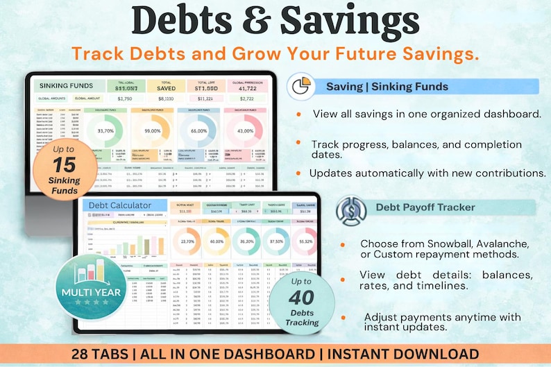 May include: Digital financial dashboard with the title "Debts & Savings". The image displays two tablets showing financial data, including sinking funds and debt tracking. Text highlights features like debt payoff tracking and instant updates.