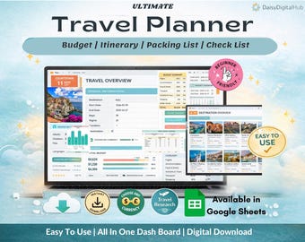 Planificador de viajes definitivo en Google Sheets / Planificador de viajes / Hoja de cálculo para presupuesto de itinerario de viaje / Organizador de vacaciones / Lista de equipaje