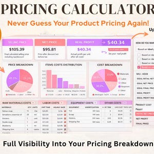 May include: A pricing calculator interface with data visualizations. The calculator displays selling price, net price, and real profit. Charts show price breakdown, item costs, and cost breakdown. Text includes "Never Guess Your Product Pricing Again!" and "Full Visibility Into Your Pricing Breakdown."