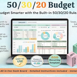 May include: A laptop displays a 50/30/20 budget dashboard with charts and data. The screen shows financial breakdowns, percentages, and the text "Easy to Use". Three 3D blocks show the percentages for Needs, Wants, and Savings.
