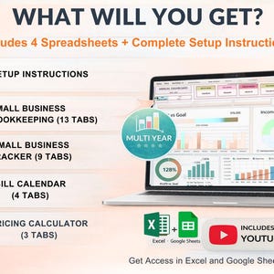 May include: A laptop displays a financial dashboard with charts and graphs. The image promotes a digital product with setup instructions, small business bookkeeping, a tracker, a bill calendar, and a pricing calculator. Includes a YouTube tutorial.