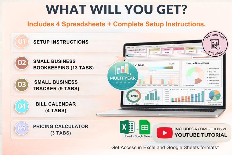 May include: A laptop displays a financial dashboard with charts and graphs. The image promotes a digital product with setup instructions, small business bookkeeping, a tracker, a bill calendar, and a pricing calculator. Includes a YouTube tutorial.