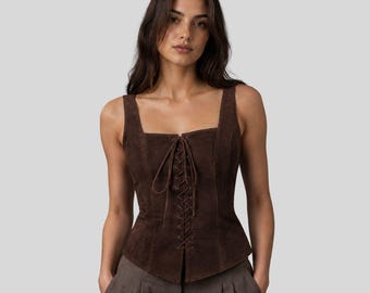 Women Dark Brown Suede Corset Top – Lace Up Bustier Western Corset